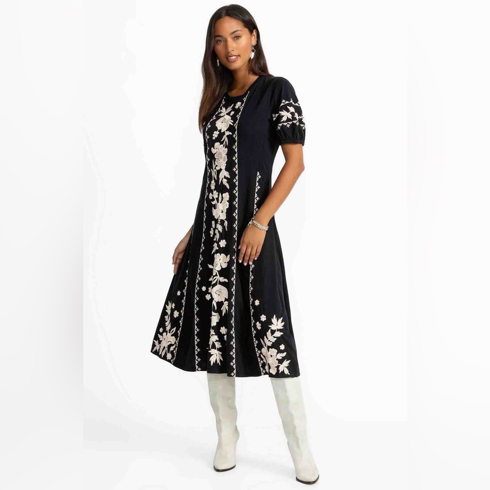 NWT Johnny Was Black and Cream Floral SEAMED MIDI  KNIT DRESS PM